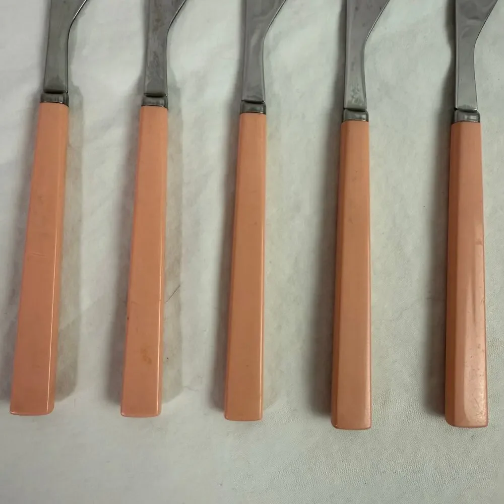 VTG Set of 8 Stainless Flatware Pink Plastic Handle Japan Knives Tea Spoon Forks